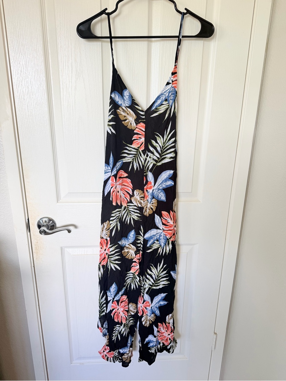 Final Touch Black Tropical Leaf Jumpsuit with Coral, Blue & Tan Accents